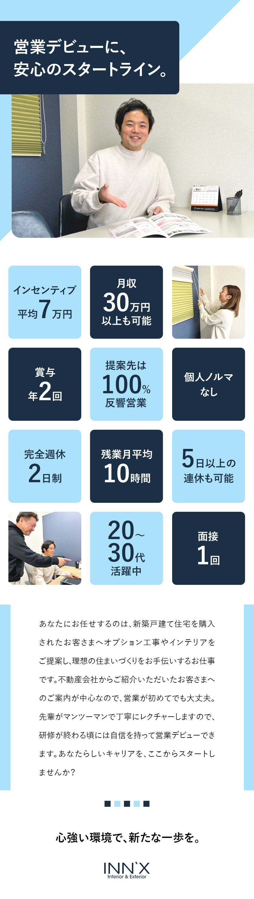 【未経験歓迎】新築住宅のオプション工事等をご提案／【働き方】完全反響営業／個人ノルマなし／残業少なめ／【収入】平均インセン7万円／月収30万円以上も可能／ＩＮＮ’Ｘ株式会社