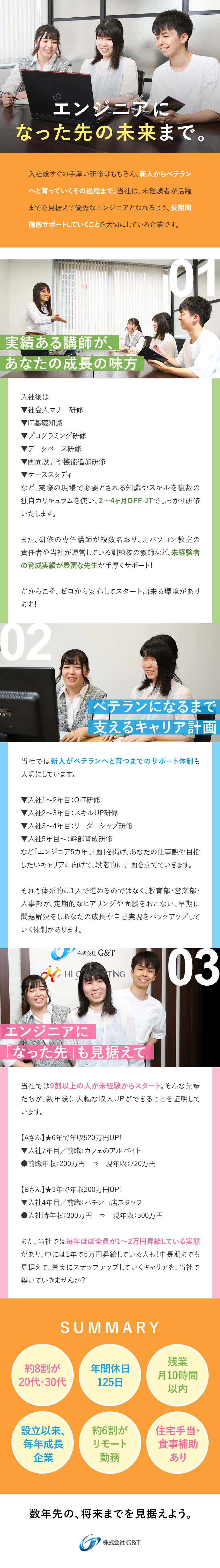 専任講師の手厚い研修＋5カ年計画の充実ITキャリア／9割が未経験からスタート／20代・30代が8割／リモートあり／残業なし／年休125日／土日祝休／株式会社Ｇ＆Ｔ