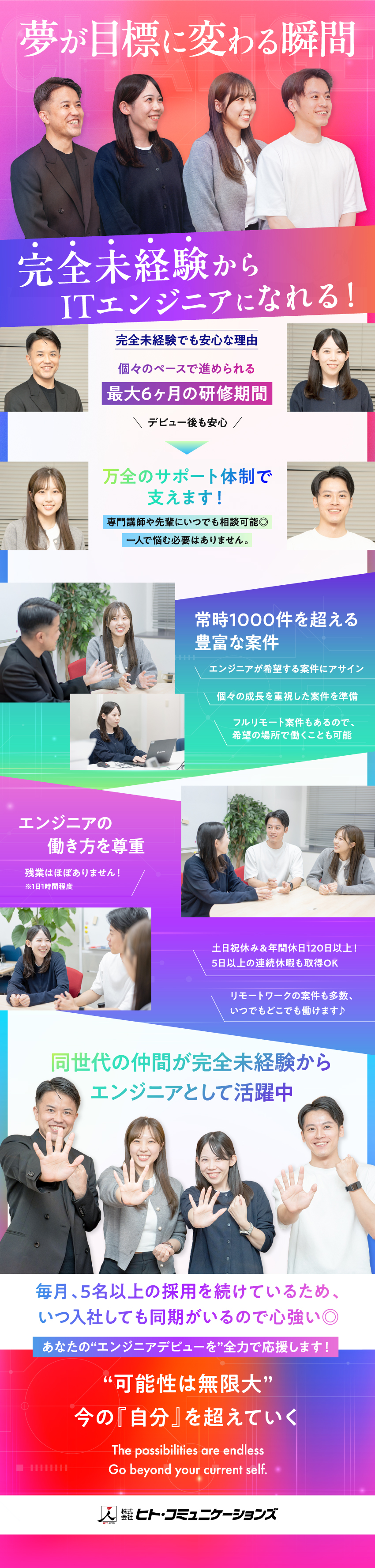 【完全未経験】からエンジニアデビューできます！／【リモート】案件があるので、全国どこでも働ける★／【働き方】服装自由＆年間休日120日＆土日祝休み♪／株式会社ヒト・コミュニケーションズ