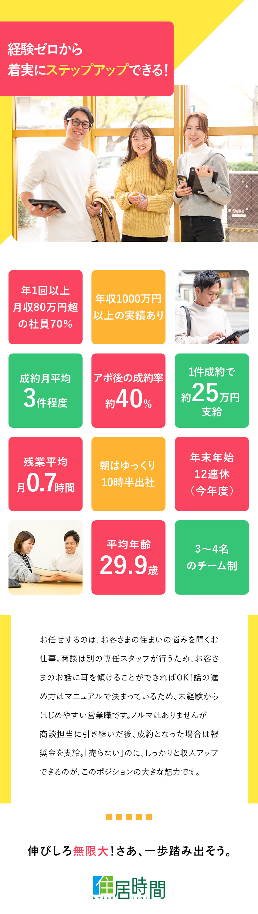 インセンティブ充実！未経験から月収80万円の実績も／研修が充実！飲食・美容師など異業種出身者が活躍中！／10:30出社＆残業月0.7時間でオフも満喫♪／株式会社住居時間（スマイルタイム）