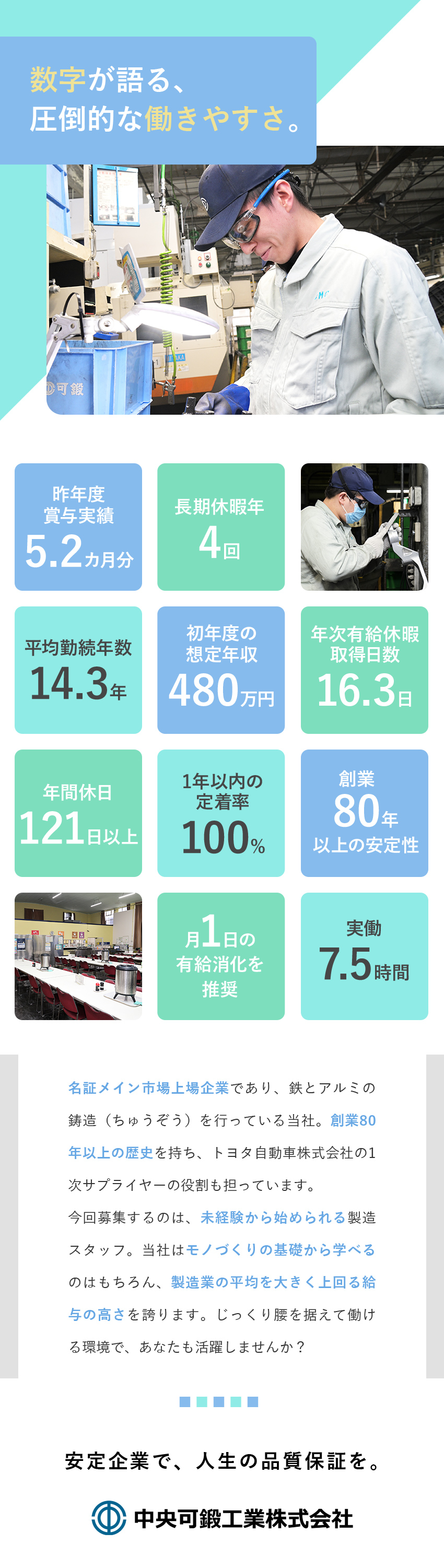 ★未経験歓迎★基礎から学べる研修＆手厚いサポート！／★安定性抜群★トヨタ自動車様の一次サプライヤー企業／★待遇★年収480万円～／賞与5.2カ月分／土日休／中央可鍛工業株式会社（名証メイン市場上場）(トヨタ自動車（株）出資企業)