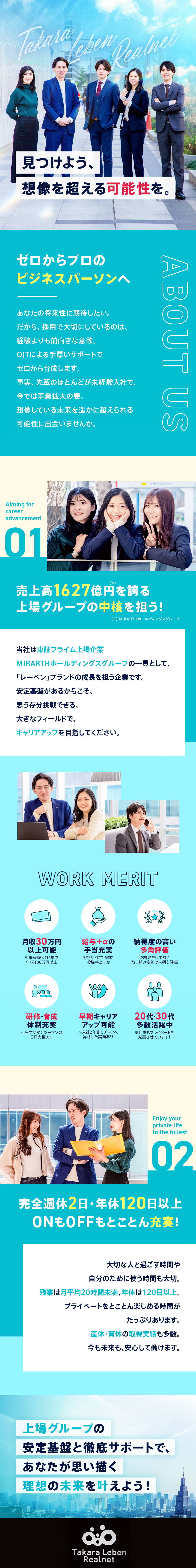 東証プライム上場グループでキャリアアップできる／未経験からプロになれる充実した研修・支援制度／完全週休2日・年間120日以上、ONもOFFも充実／株式会社タカラレーベンリアルネット(MIRARTHホールディングス)