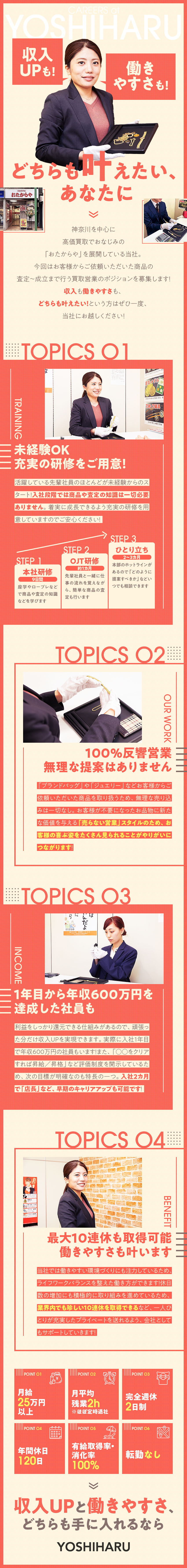 【収入UP】未経験から「年収600万円」実績あり／【キャリアアップ】入社2カ月で店長への昇格事例も／【働きやすさ】完休2日／年休120日／ほぼ定時退社／株式会社芳春（おたからや能見台店・菊名駅前店）