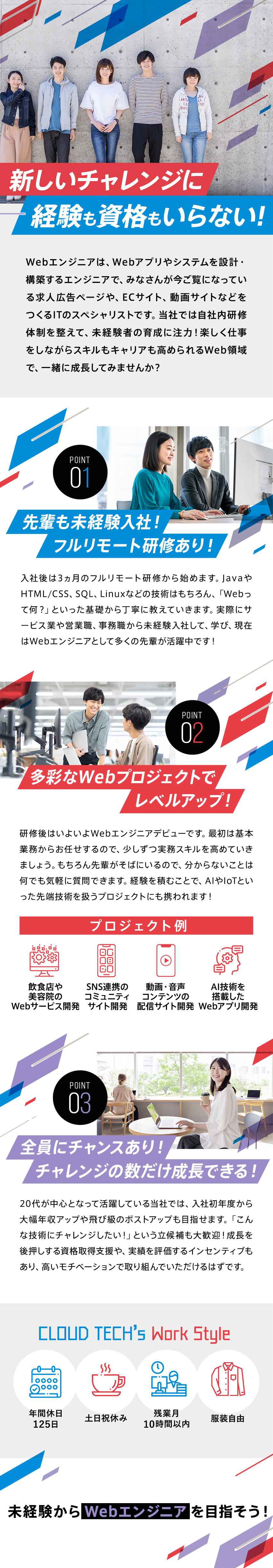 未経験者向けの内容だから安心！研修でWebを学ぶ！／チームで先輩と一緒に成長！大手企業・先端案件多数！／年休125日、土日祝休、残業ほぼなしでオフも充実！／株式会社クラウドテック