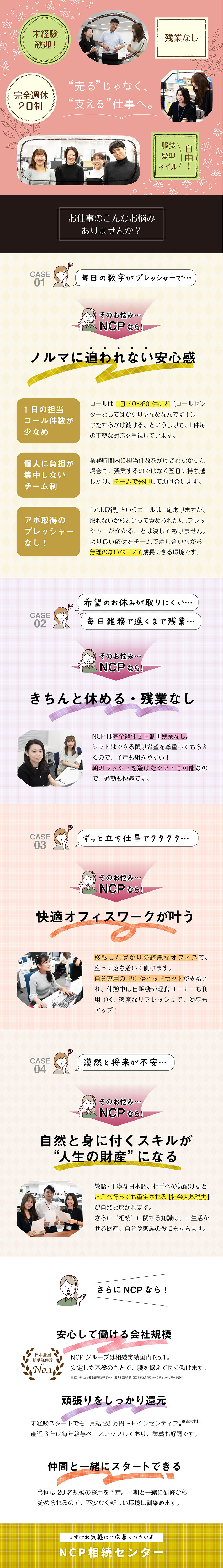 【安定性◎】業界No.1グループ／チームで目標達成／【ゼロスタート歓迎】しっかりOJT＆研修＆サポート／【かけやすさ】あらかじめ話の通ったお客様へのご案内／株式会社ＮＣＰ相続センター