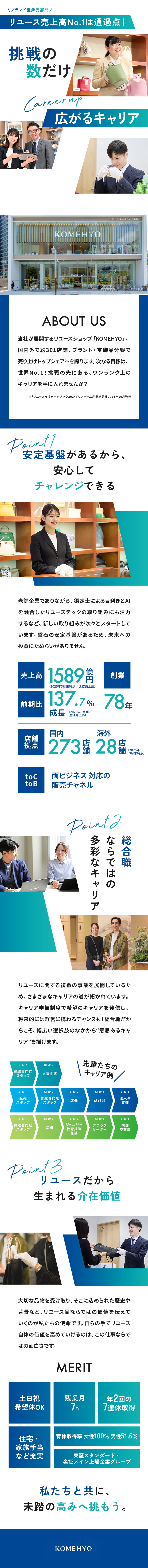 【成長◎】ブランドリユースNo.1／挑戦機会が豊富／【キャリアUP◎】総合職だから描ける多彩なキャリア／【社会貢献性◎】リユースで持続可能な社会をつくる／株式会社コメ兵(株式会社コメ兵ホールディングス　グループ会社)
