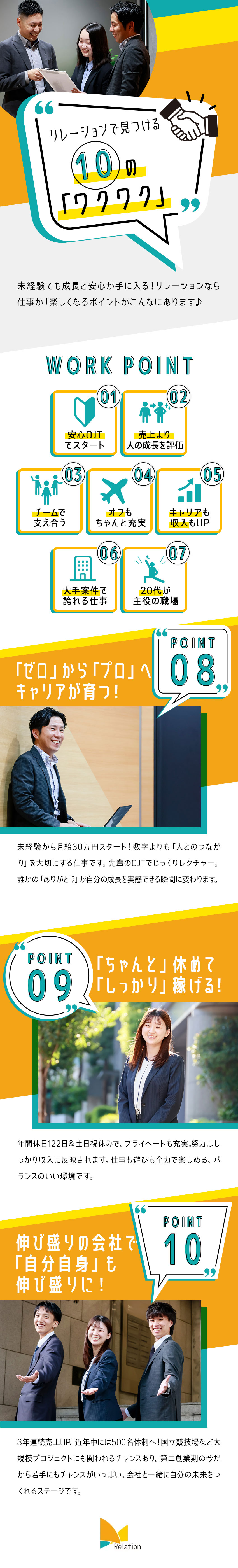 【急成長企業】近々500名体制へ！今が入社チャンス／【積極採用中！】OJTで未経験でも安心スタート◎／【待遇も魅力☆】安定収入＆オンオフのメリハリ充実／株式会社リレーション