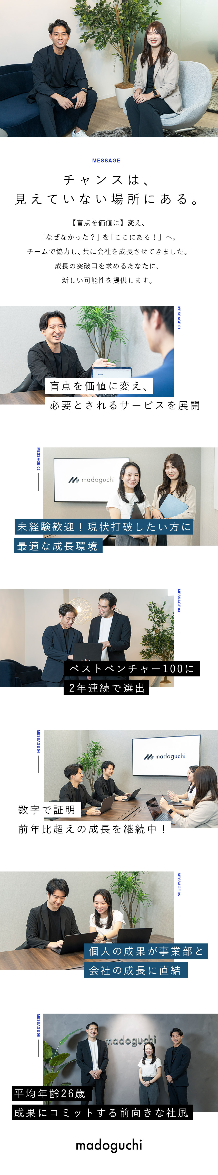自社メディアやアプリで企業の集客課題に貢献／成果にコミットし、チームや会社に貢献できる社風／成長企業／ベストベンチャー100に2年連続で選出／ｍａｄｏｇｕｃｈｉ株式会社