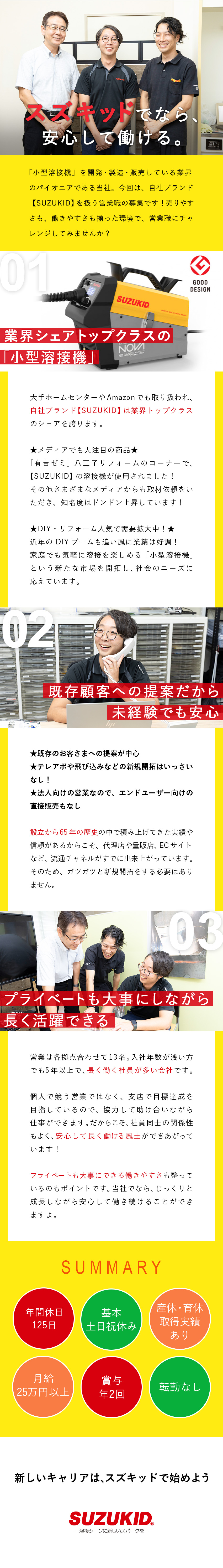 【安定基盤】創業60年以上！業界シェアトップクラス／【既存顧客中心】飛び込み営業などの新規開拓はなし／【環境◎】残業20h以下／年休125日／賞与年2回／株式会社スズキッド