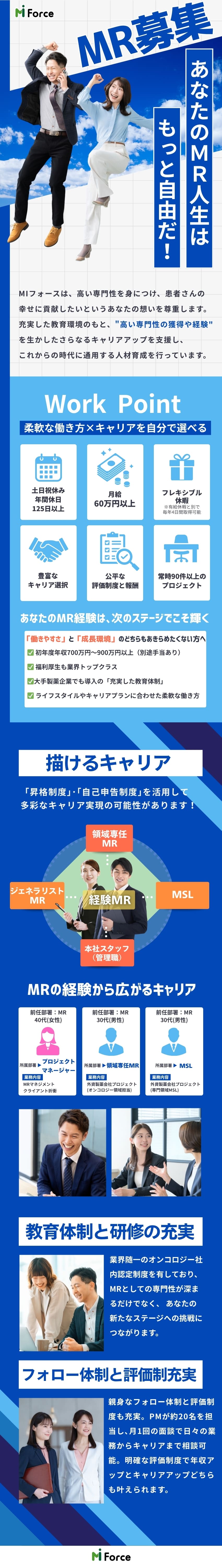 ★業界随一のオンコロジー社内認定制度あり／★成長業界で安定性抜群！長く働ける福利厚生も充実！／★月給60万円以上／年間休日125日以上／ＭＩフォース株式会社