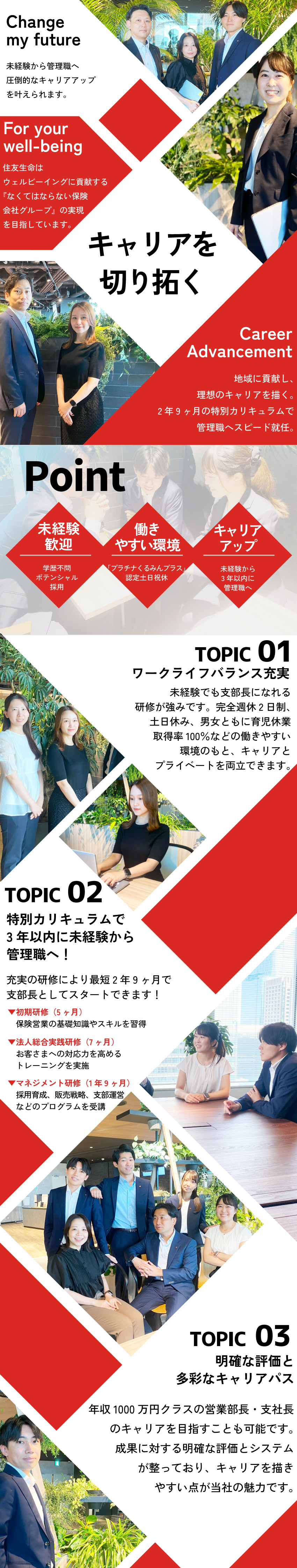 【研修充実】最短2年9カ月で支部長・支社スタッフへ／【安定基盤】創業118年／知名度抜群／福利厚生充実／【働きやすさ◎】完全週休2日／フレックス／社宅あり／住友生命保険相互会社