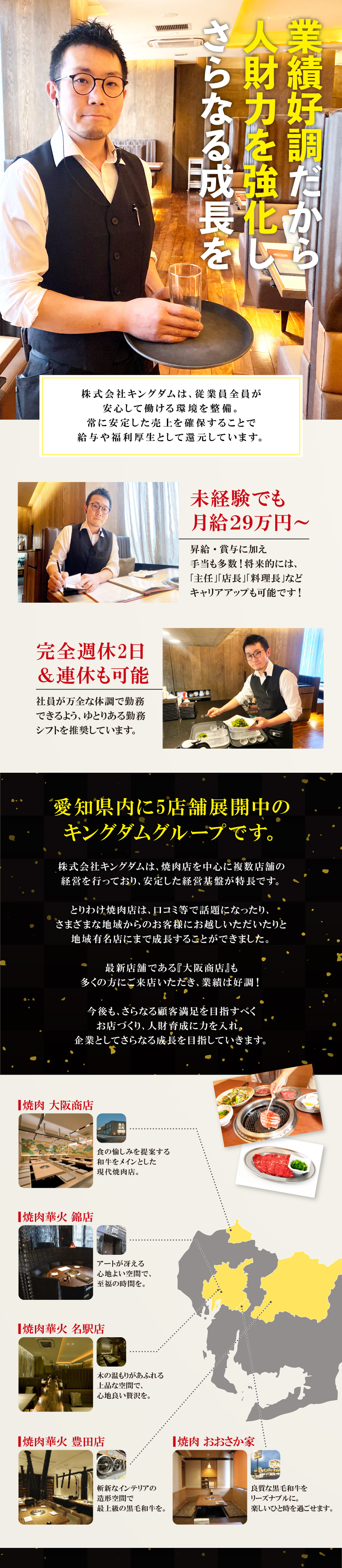 勤務形態はフレックスタイム制を導入！柔軟に働けます／正社員／月給29万円スタート！未経験から稼げる！／業績好調！複数店舗経営で景気に左右されにくく安定！／株式会社キングダム