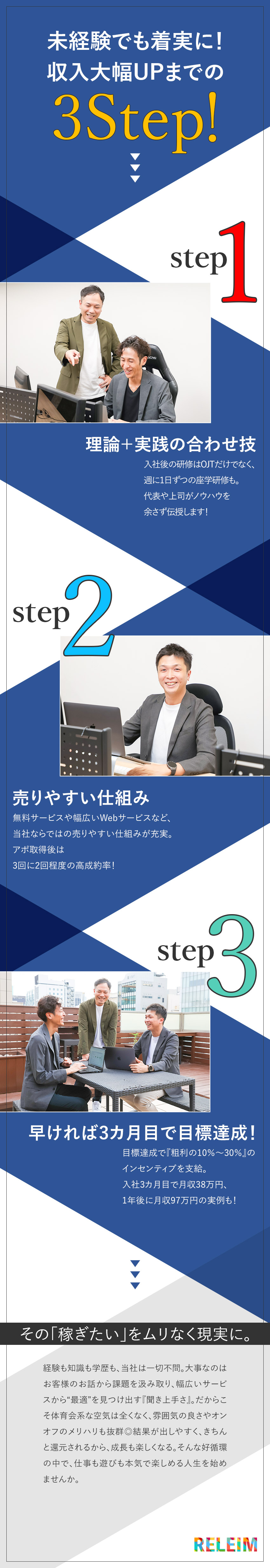 ニーズ高◆企業の集客・採用課題をWeb領域から解決／未経験歓迎◆代表＆上司による丁寧なレクチャーで成長／待遇◎◆粗利の10～30％を還元／月収97万円も可／株式会社ＲＥＬＥＩＭ