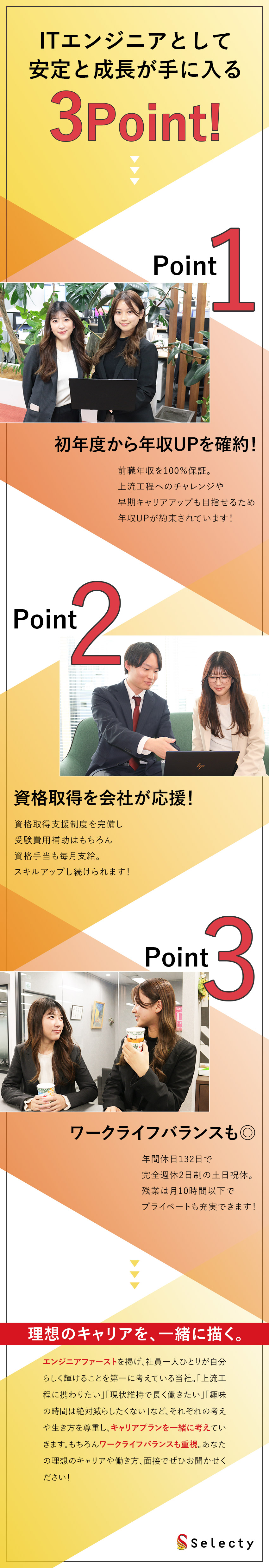 【環境◎】前職給与保証／資格手当など福利厚生充実！／【成長◎】資格取得支援制度を活用して給与もアップ！／【待遇◎】完全週休2日制・年休132日・残業ほぼ無／株式会社セレクティ