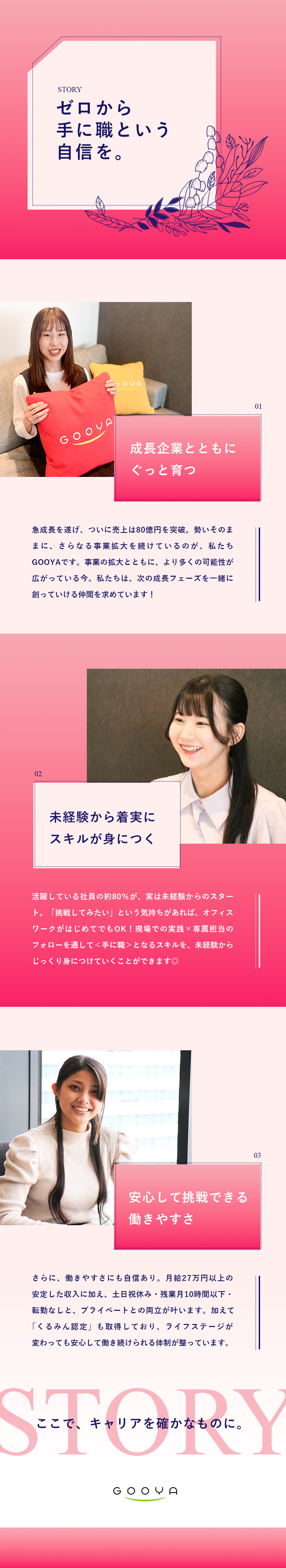 【約8割が未経験】ゼロから手に職をつけたい方大歓迎／【充実のサポート】専属担当のフォローでじっくり成長／【月給27万円～】残業10h以下・転勤無・賞与2回／株式会社ＧＯＯＹＡ