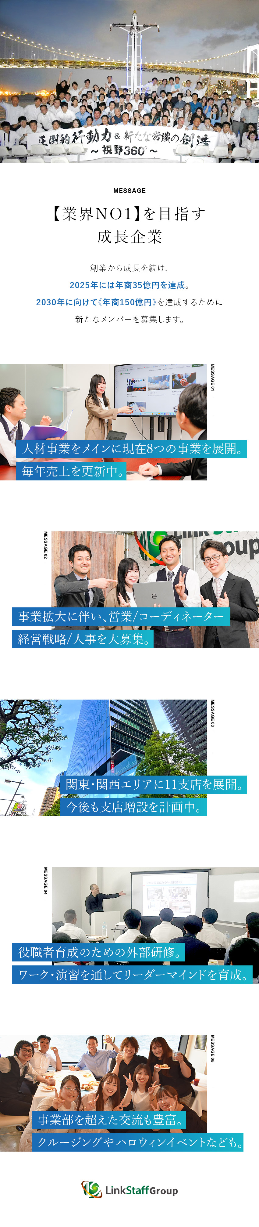 営業/コーディネーター/経営戦略/人事の総合職募集／直近3年で200％越えの成長企業／事業部の垣根を越えての社員交流イベント多数／株式会社リンクスタッフグループ