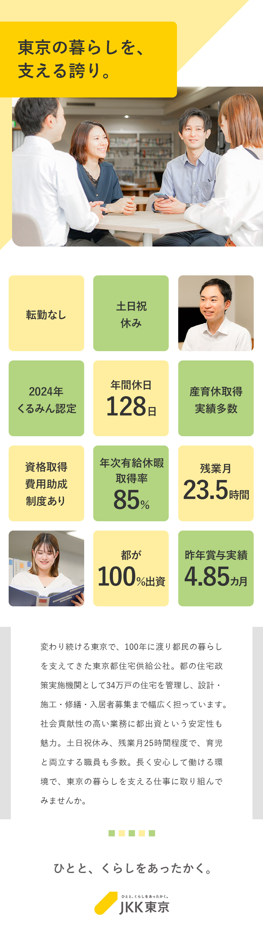 【安定基盤】都が100％出資／公社ならではの安心感／【好環境】土日祝休み／年休128日／残業25H程度／【好待遇】研修・資格取得支援あり／賞与4.85カ月／東京都住宅供給公社