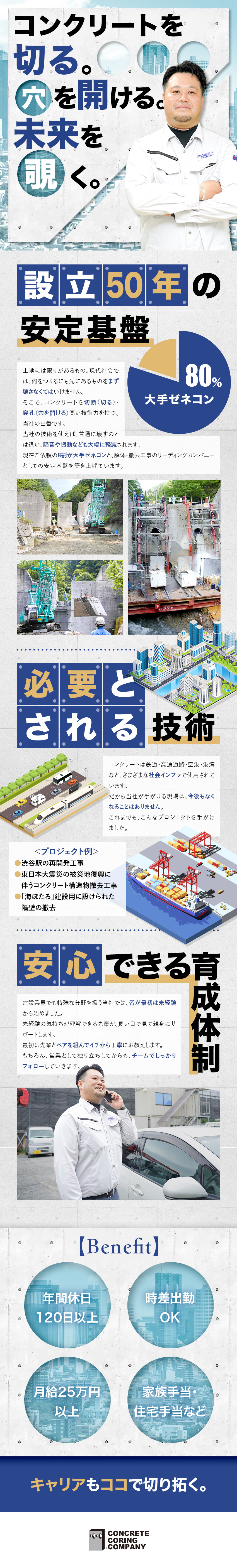 【設立52年】大手ゼネコンとも取引多数の安定基盤／【未経験歓迎】安心の研修後に取引先と信頼関係構築／【働きやすさ】年休120日以上／土日祝休／手当充実／コンクリートコーリング株式会社