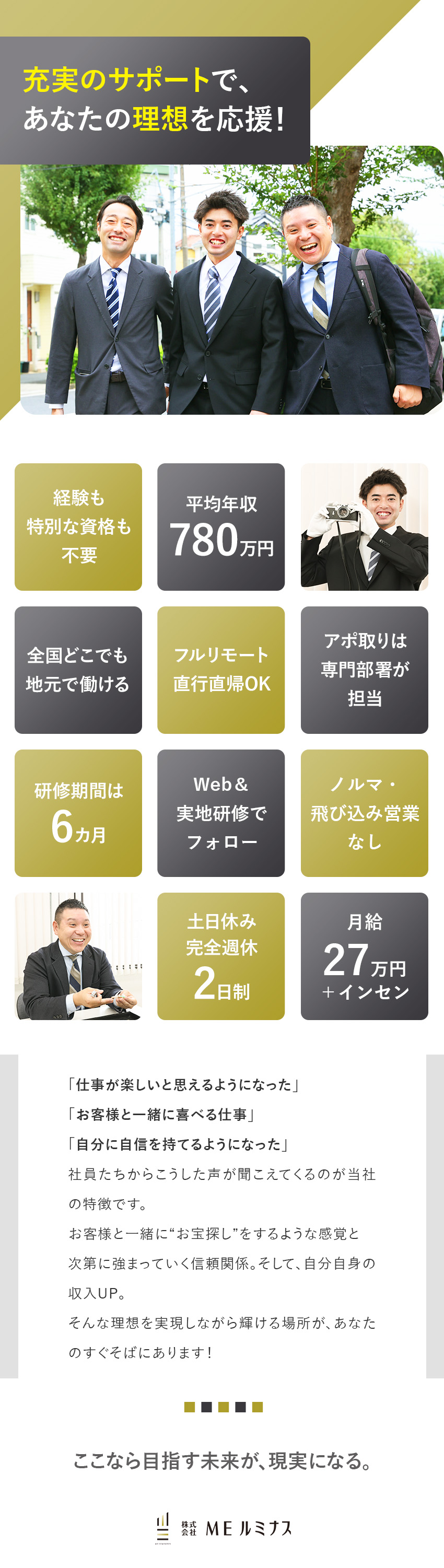 【未経験OK】6カ月の研修で成長／アポ取り不要／【平均年収780万円】頑張った分だけ直接給与に反映／【全国採用】社用車支給＆地元でフルリモート勤務可能／株式会社ＭＥルミナス
