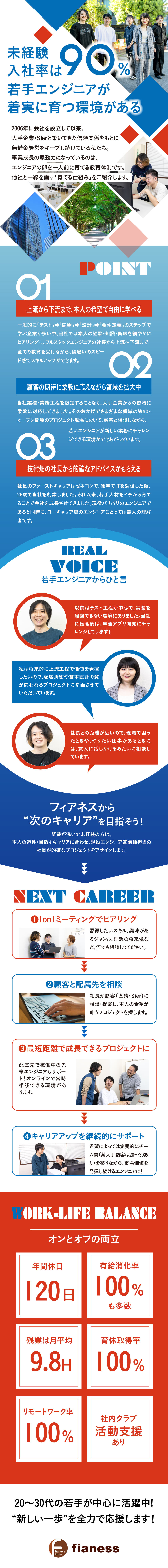 大手と安定取引！多彩なプロジェクトで経験を積める／社長との1on1面談で将来のキャリアを相談できる！／フルリモートで効率的＆フレキシブルな働き方が可能！／株式会社フィアネス