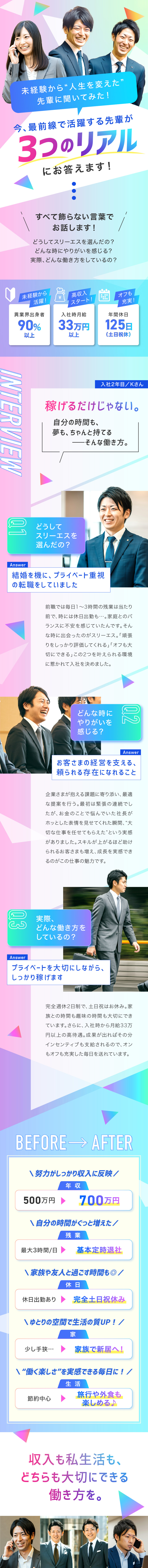 【収入UP】未経験でも月給33万円スタート／【プライベート充実】完休2日／土日祝休み＆定時退社／【やりがい◎】資金に悩む企業を助け、挑戦を後押し／株式会社スリーエス