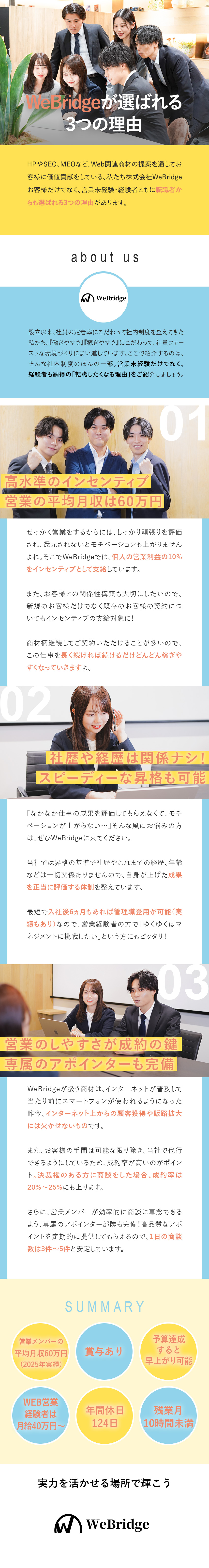 【未経験歓迎】研修あり／先輩のトークログも活用OK／【平均月収60万円】営業利益10％がインセンティブ／【20～30代活躍中】土日祝休み／早上がり制度あり／株式会社ＷｅＢｒｉｄｇｅ
