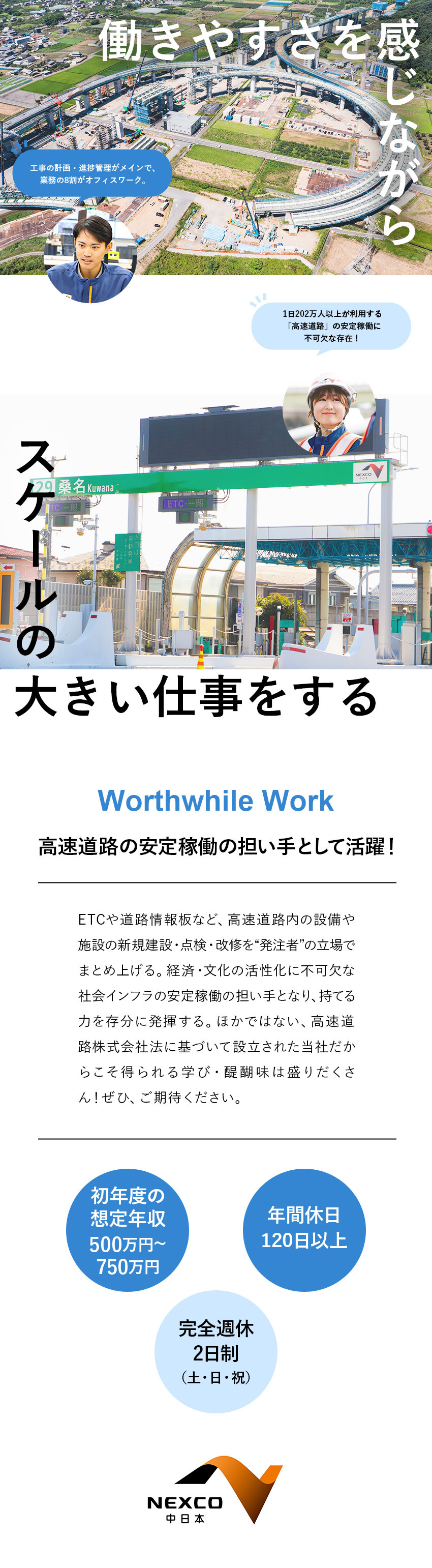 【安定性◎】「高速道路」の維持管理の中核を担う仕事／【働きやすさ◎】年休120日以上 ／完全週休2日制／【やりがい◎】自らの想いを街づくりに反映できる！／中日本高速道路株式会社