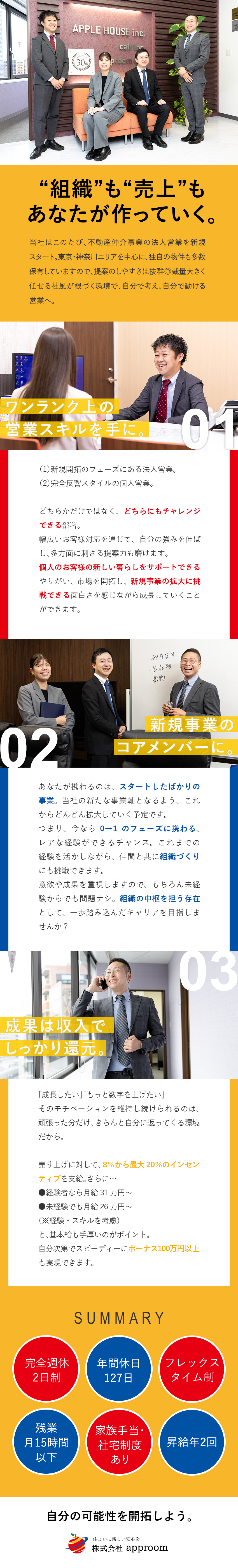 【挑戦環境】経験を活かし新規事業拡大に挑める面白さ／【収入】インセンあり&経験者なら月給31万円～／【環境】年休127日／残業15h以下／フレックス制／株式会社ａｐｐｒｏｏｍ