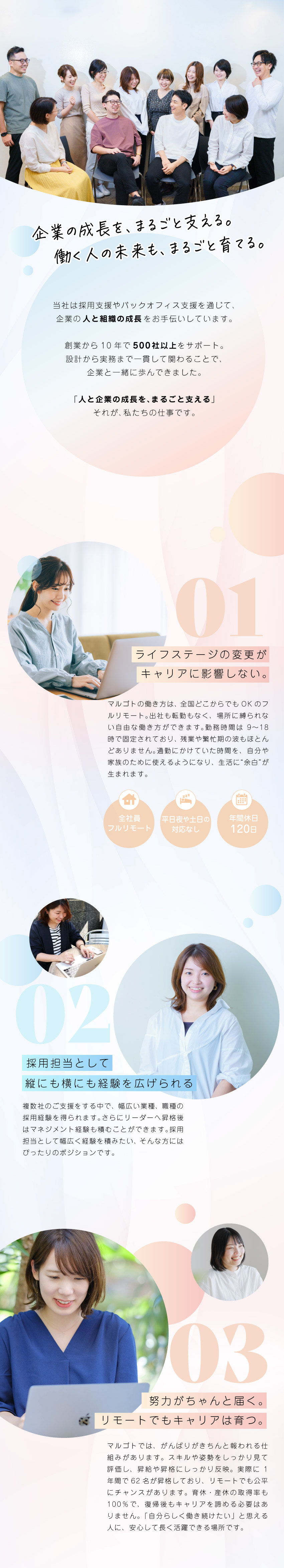 明確な評価制度あり、1年で62名昇格！／採用担当として応用力と専門性が身につく！／完全在宅勤務、残業や繁忙期の波が少ない環境◎／マルゴト株式会社