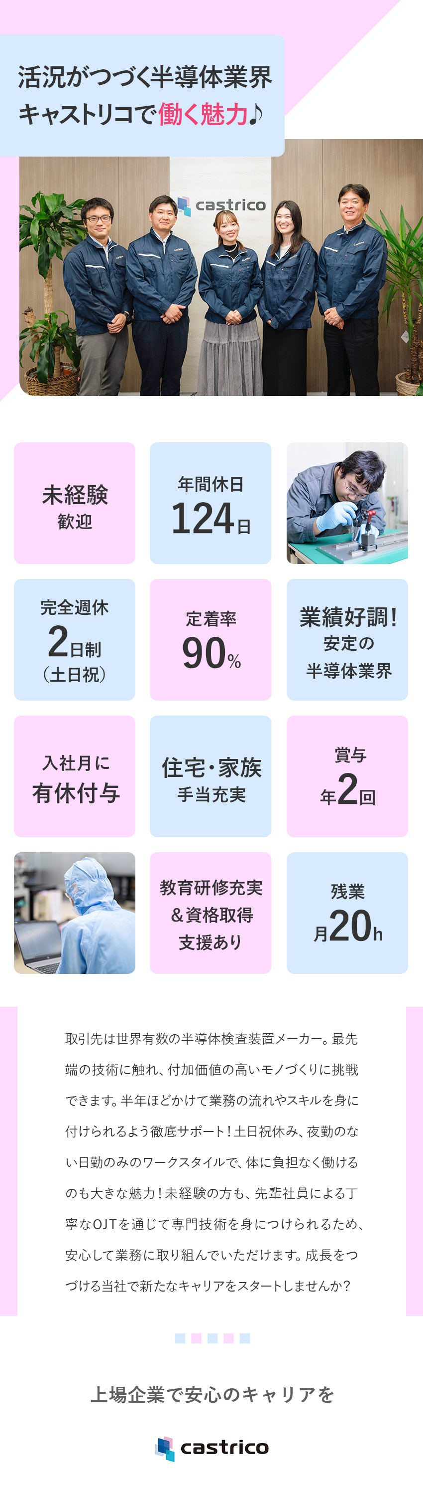 ≪業績◎≫高需要が続く半導体業界／賞与実績3カ月分／≪環境≫月給25万円～／年休124日／残業月20h／≪スキルUP≫実務を通した手厚い研修で、さらに先へ／株式会社キャストリコ（TOKYO PRO Market上場）