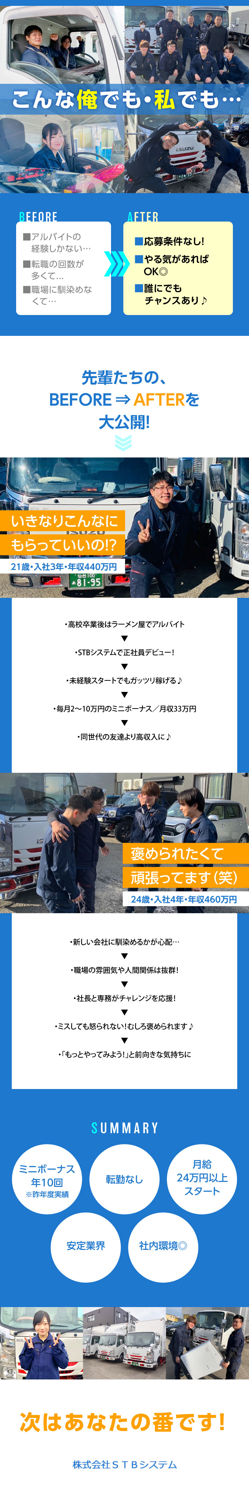 【頑張りを還元！】未経験1年目で月収例25万円～／【未経験歓迎】運転できなくても◎資格取得支援あり！／【将来性◎】入社10年以内に年収600万円超えも可／株式会社ＳＴＢシステム
