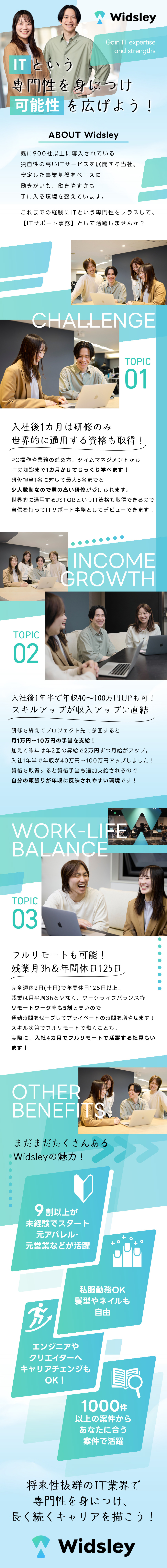 未経験大歓迎！入社後1カ月の研修で基礎から学べる／未経験でも昇給で年収40万円～50万円アップが可能／月1万円～10万円の手当あり！スキルUP＝収入UP／株式会社Ｗｉｄｓｌｅｙ