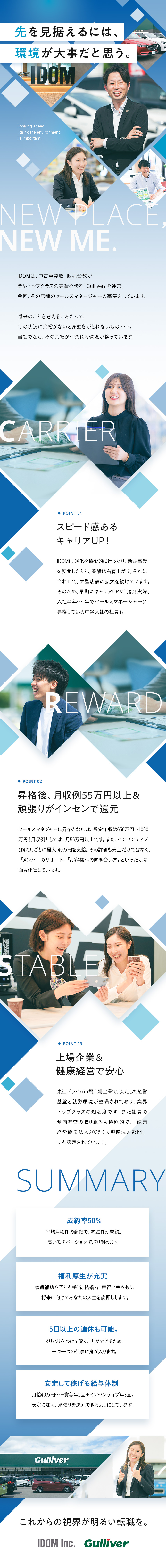 DX化×成約率50％で売れる・稼げる／早期昇格可能／実質年120日休／入社祝金50万円／月給40万円～／健康経営優良法人2025に認定！／子供手当など完備／株式会社IDOM（イドム）【プライム市場】