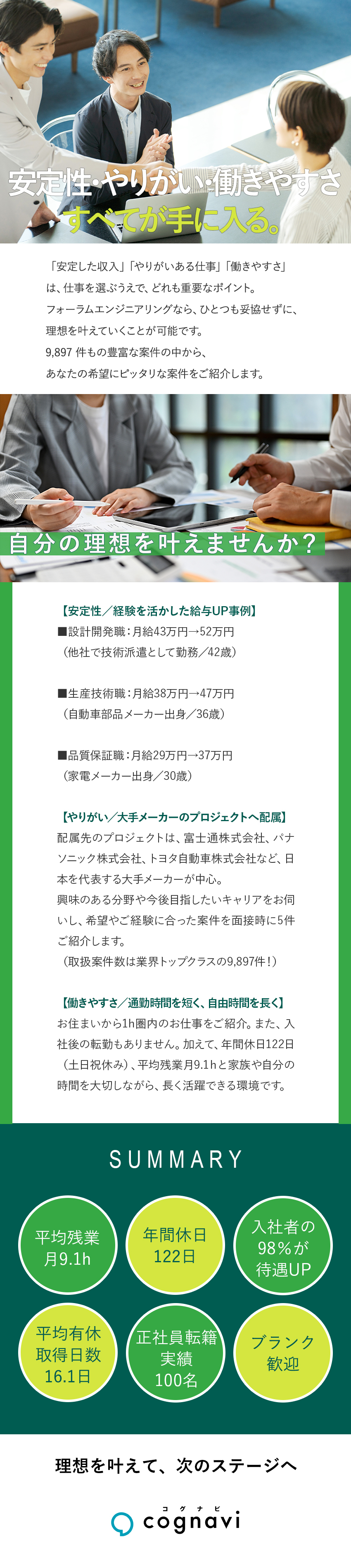 平均残業月9.1h・土日祝日休みなど働きやすい環境／月給UP事例が多数！／大手への転籍実績もあり／入社後も転勤なし・通勤圏内の大手メーカーのみご紹介／株式会社フォーラムエンジニアリング／コグナビ【プライム市場】