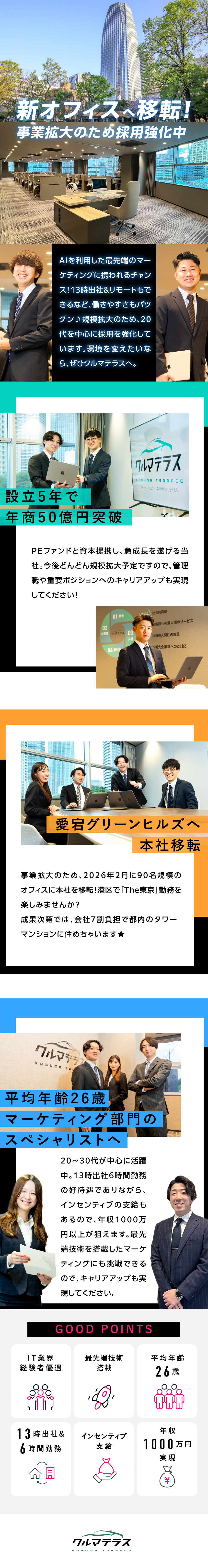 【前給保証】IT業界経験者歓迎／平均年齢26歳／【年商50億円】業界トップシェアのベンチャー企業／【働きやすさ】13時出社／1日6h勤務／定時退社／クルマテラス株式会社