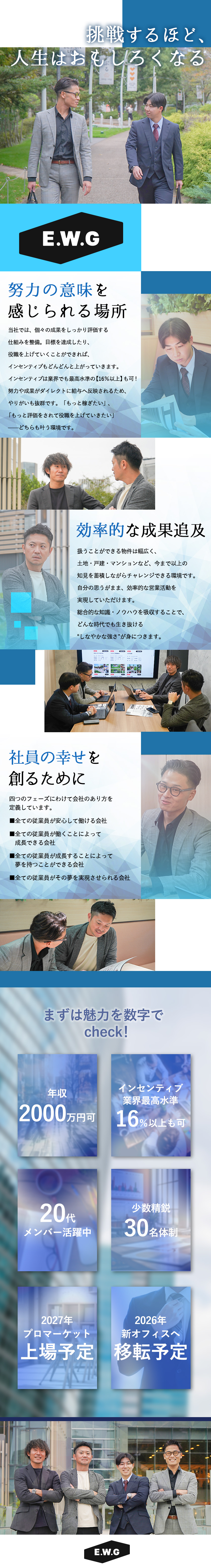 高収入実現│インセンティブで年収2000万円も可能／働きやすさ│土日祝休＆年休125日＆都心×好立地／大きな裁量│マネジメントや営業企画に挑戦したい方も／株式会社イーダブルジー