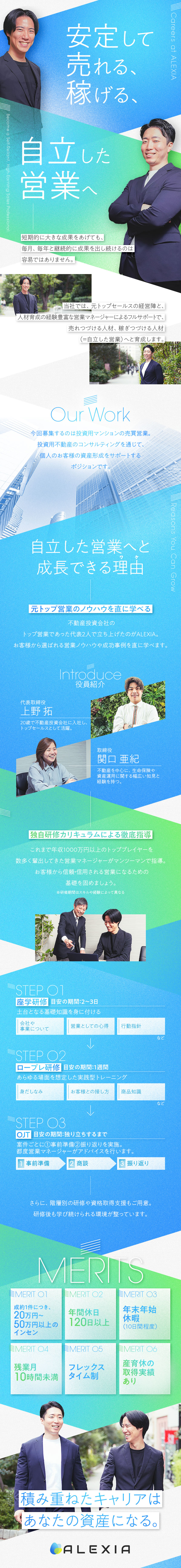 【成長環境】元トップセールスのノウハウを直に学べる／【手厚いサポート】約12カ月間の育成で売れる営業へ／【好待遇】1成約につき20万円～50万円のインセン／株式会社ＡＬＥＸＩＡ