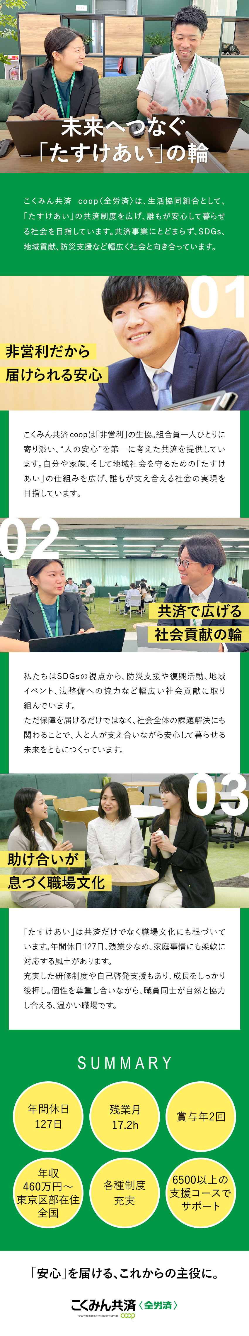 ■社会に役立つ保障を届ける、非営利の共済生協／■SDGsにも取り組み、未来志向の事業を推進／■充実の研修制度で、成長をしっかりサポート／全国労働者共済生活協同組合連合会（こくみん共済 coop ＜全労済＞）