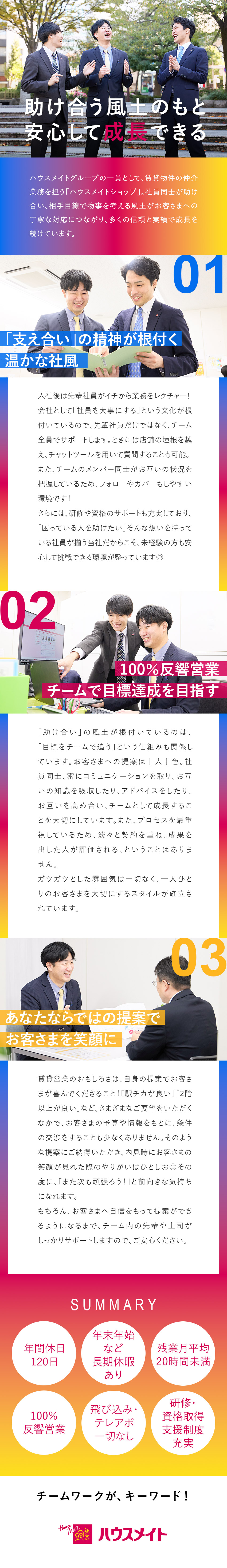 【未経験入社多数】100％反響営業×手厚い研修制度／【チームで一緒に成長】相互フォローが活発な風土／【働きやすい】年間休日121日×残業少なめ／株式会社ハウスメイトショップ