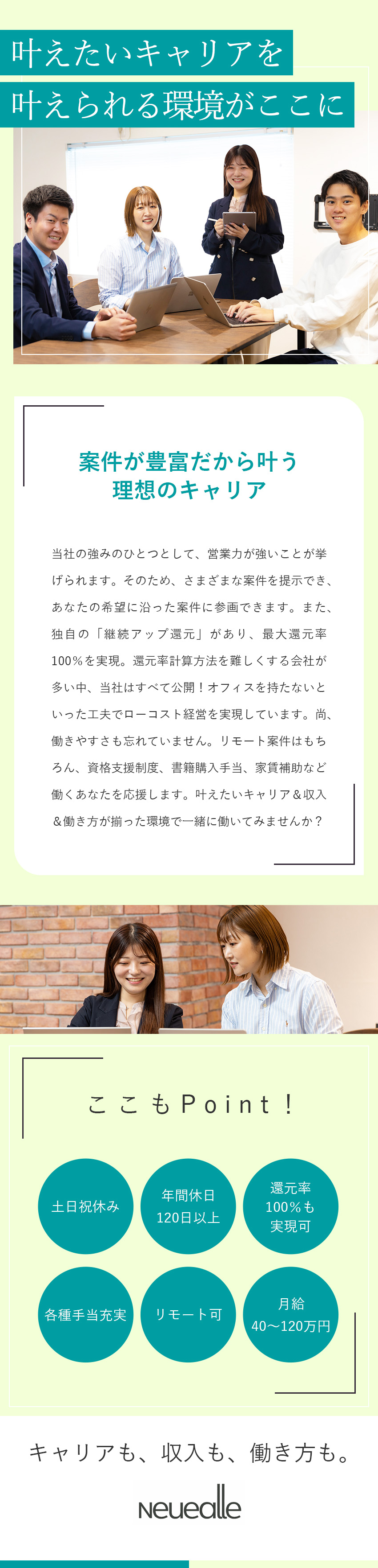 【前職給与保証】平均178万円の年収UPを実現／【案件選択制】営業力が強み◎希望の案件にアサイン／【待遇】還元率100％も実現可／年休120日以上／株式会社Ｎｅｕｅａｌｌｅ