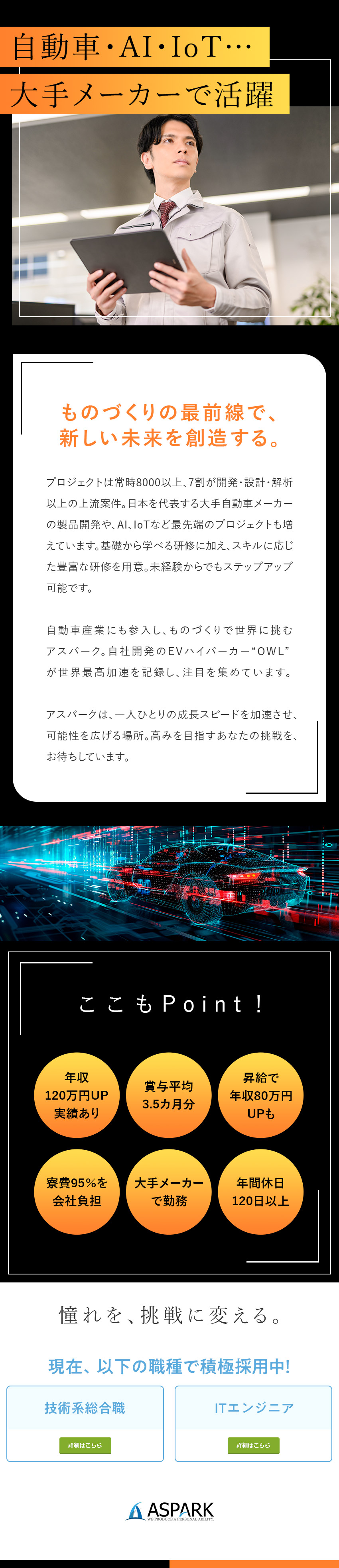 大手メーカー勤務／自動車・AI・IoTなど案件多数／賞与平均3.5カ月分／年収120万円UP実績あり／在宅可／土日祝休／年休120日以上／寮費95％補助／株式会社アスパーク