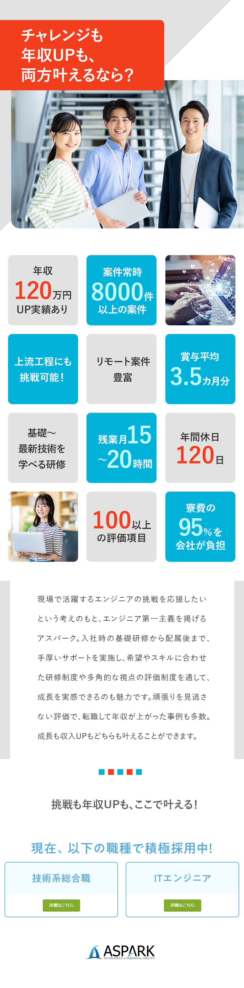 明確な評価制度で一度の昇給で【年収80万円UP】も／案件常時8000件／基礎から応用まで多彩な研修制度／年休120日／土日祝休／フルリモート案件有／残業少／株式会社アスパーク