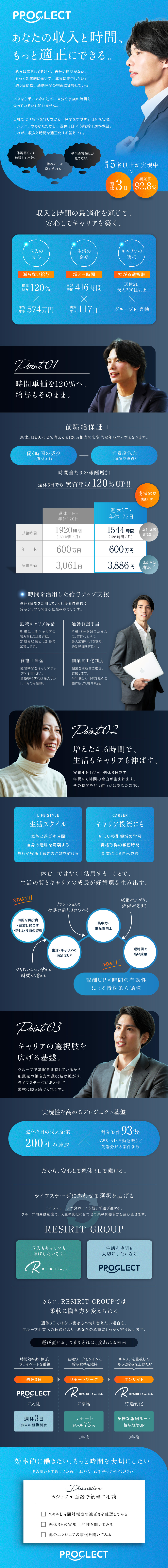 週休3日でも【前職給120％保証】実質年休177日／年間416時間の余白を学び×生活への投資が可能／顧客合意した受入企業200社で週休3日を安定実現／プログレクト株式会社