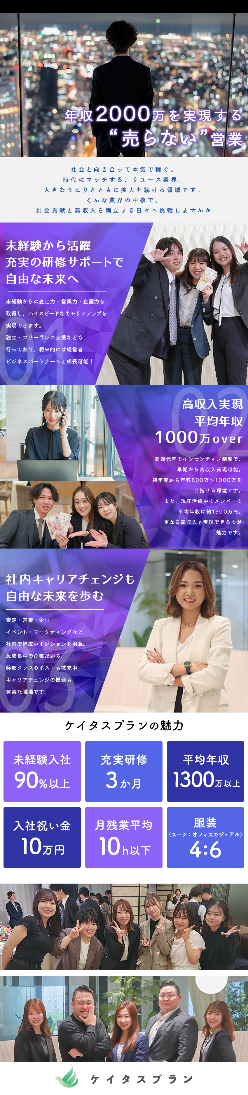 高収入実現┃年収2000万円overを実現できる！／働きやすさ┃月残業10h以下＆完全週休2日（土日）／充実の研修┃ゼロから学ぶ2か月間の丁寧な研修◎／株式会社ケイタスプラン