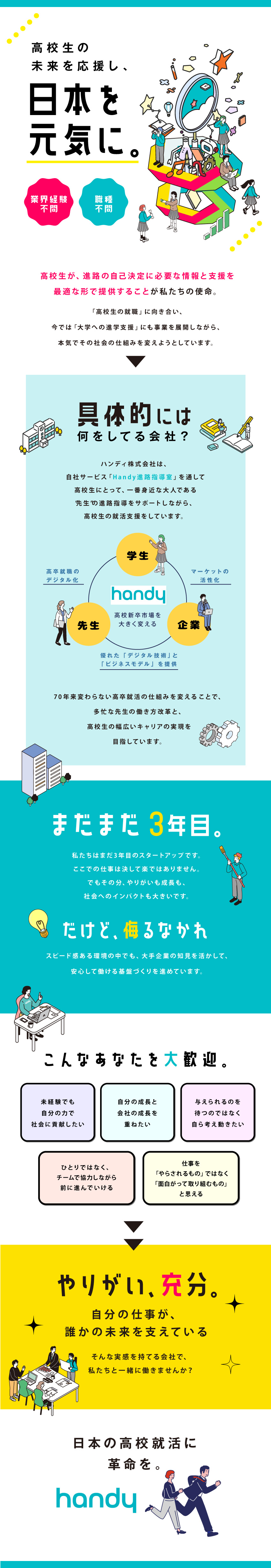 導入実績2,100校以上！高校生の未来をサポート！／オンライン中心／ナショナルクライアントなどへの提案／新オフィスOPENの東京＆福岡・大阪で積極採用！／ハンディ株式会社