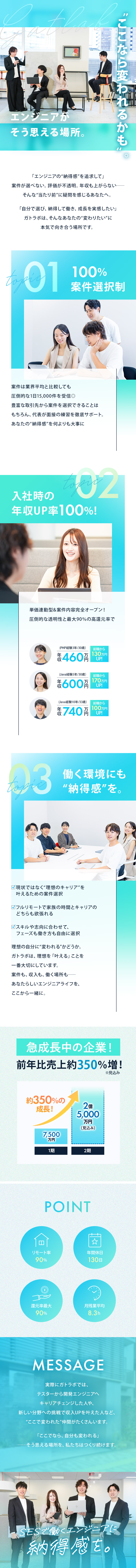 【魅力】自由な案件選択と納得感のある働き方を実現／【スキルアップ】手厚いサポート＆公正な評価制度／【働きやすさ】服装自由／帰社日なし／副業OK／株式会社ガトラボ