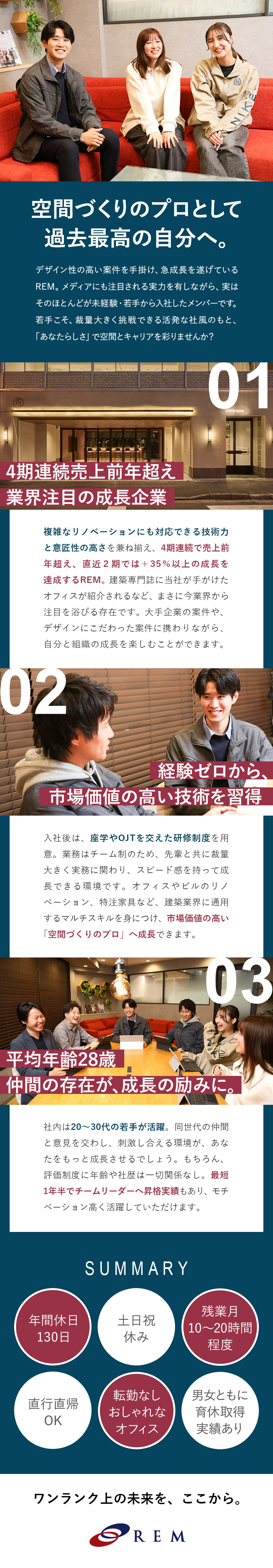 過去最高売上を毎年更新×大手企業と直接取引＝安定◎／メディアも注目するデザイン性の高さ＝スキルUP◎／年休130日／土日祝休／未経験歓迎＝長く働ける◎／株式会社アール・イー・エム