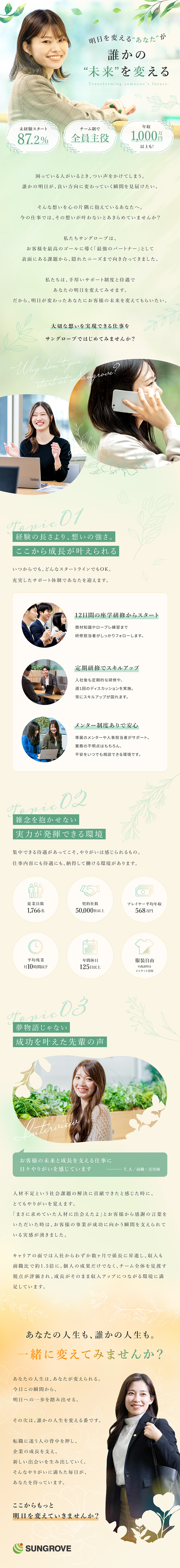 〈★高還元の報酬〉未経験入社で月収40万円は通過点／〈☆サポート体制◎〉座学・OJT研修／メンター制度／〈★働きやすい環境〉残業月10h以下／土日祝休み／サングローブ株式会社