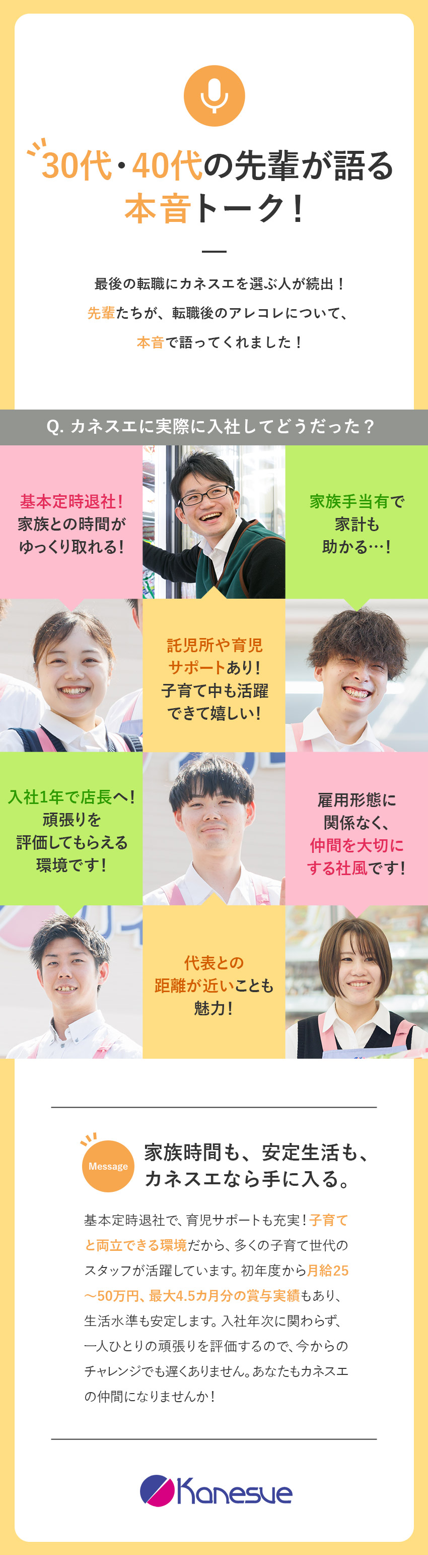 安定企業ならではの待遇。経験を活かし次のステージへ／入社1年で店長へ！頑張り次第でマネージャー昇進も！／残業月7.7h／賞与4.5ヵ月／夜勤無／家族手当有／株式会社カネスエ