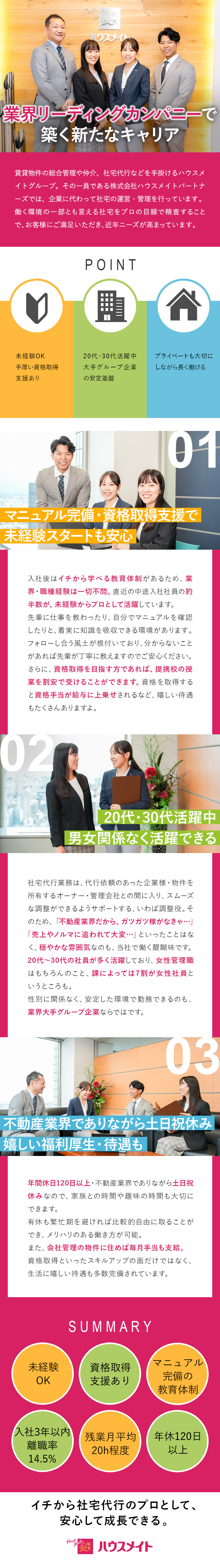 ＜専門性を磨ける＞不動産業界でキャリアを築く／＜20代～30代が活躍＞若手が多く働く職場／＜働きやすい＞月平均残業20h程度・年休120日／株式会社ハウスメイトパートナーズ(ハウスメイトグループ)